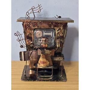 VTG COPPER & TIN PIANO PLAYER WIND-UP MUSIC BOX–PLAYS "THE ENTERTAINER"-WORKS!